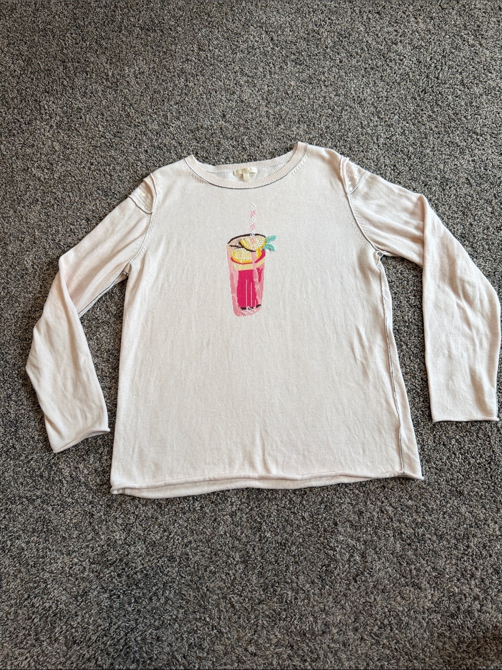 Lisa Todd Summer Sips Cream Long-Sleeve Top with Pink Lemonade Sequin Graphic L